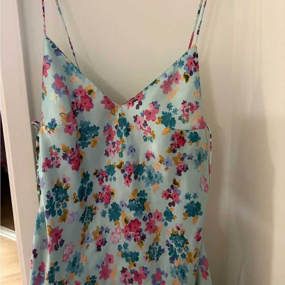 Zara Floral Printed Midi/Maxi Slip Side Tie Tank Dress Light Blue Pink Size S - Picture 7 of 12